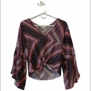 BOHO TOP SILKY TIE FRONT BELL SLEEVE RUFFLE PINK BLACK FEMININE STATEMENT SMALL